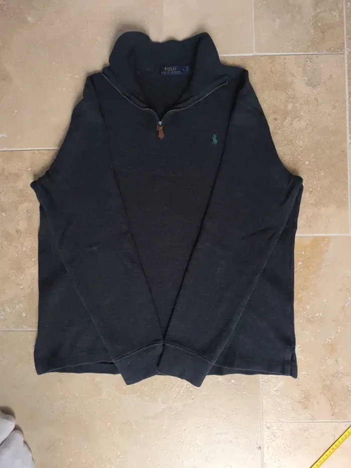 Pull quart zip camionneur gris foncé logo vert Ralph Lauren homme L excellent état - photo numéro 14
