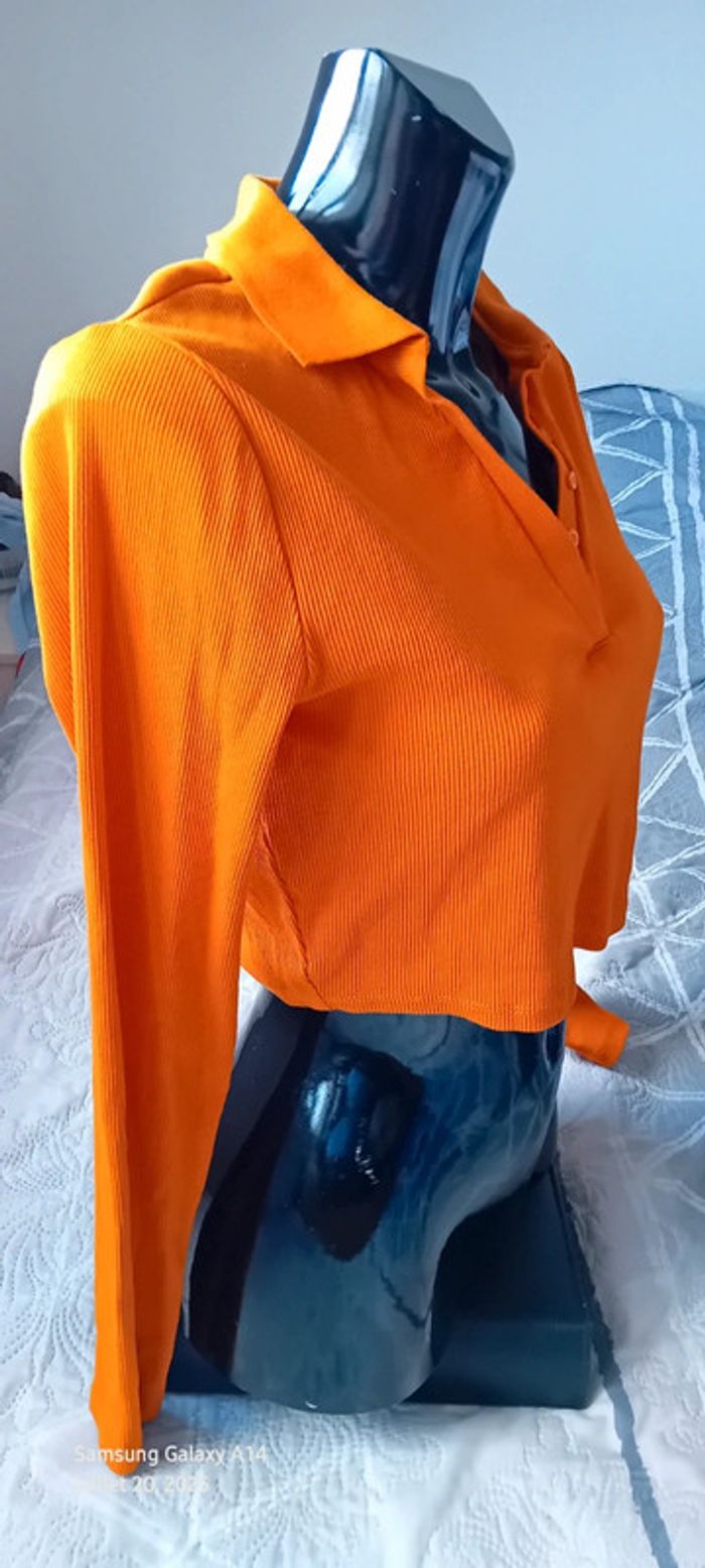 Polo court manches longues maille côtelée col en V à boutons orange femme L zara - photo numéro 4