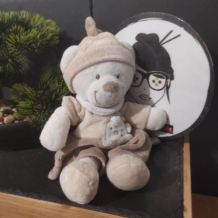Doudou ours marron beige empreintes nicotoy vêtir blanc bonnet Avion Ancien vintage