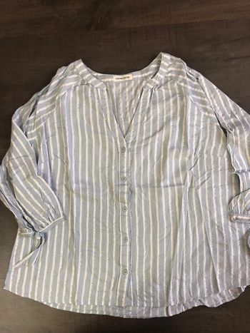 Blouse cache cache taille 38 bleu ciel rayures argentées