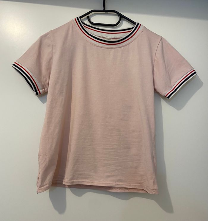 T-shirt rose pâle manches courtes liseré marin - photo numéro 3