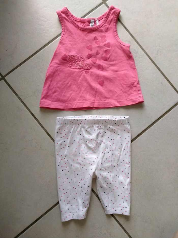 Ensemble débardeur rose et Panta court blanc à pois. bebe 6 mois