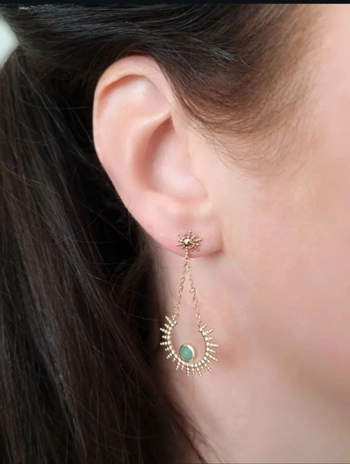 Boucles d'oreilles pendantes soleil plaqué or et aventurine naturelle