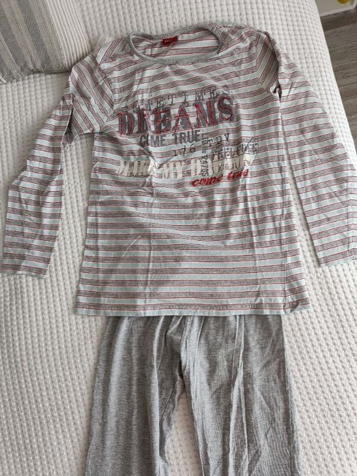 Pyjama fille manches longues gris coton 13ans 164cm