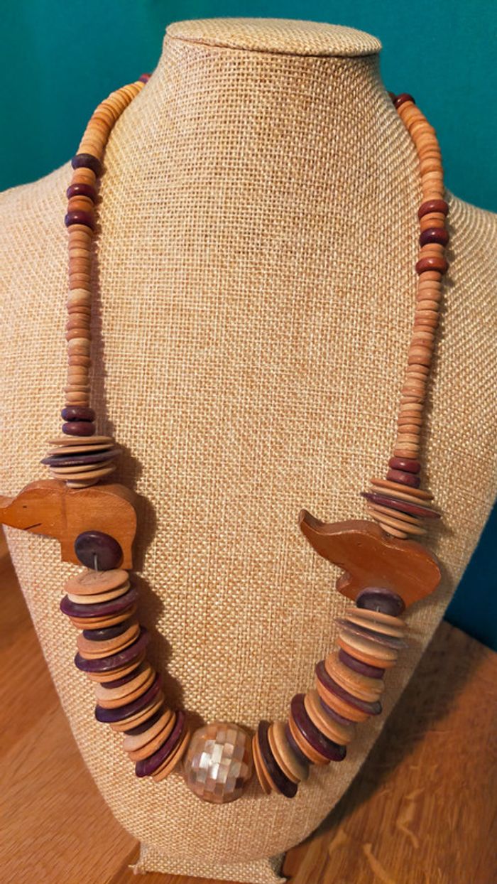 Collier vintage bois & nacre - Éléphants sculptés - Collection Terres d’Ailleurs - photo numéro 14