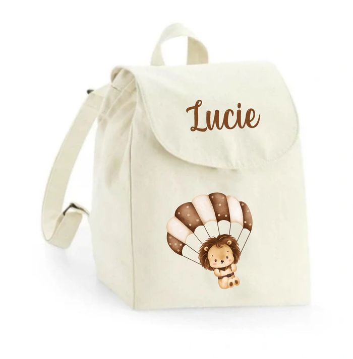 Sac à dos maternelle personnalisé prénom - Lion parachute - Sac crèche 100% coton bio - Rentrée enfant garçon ou fille