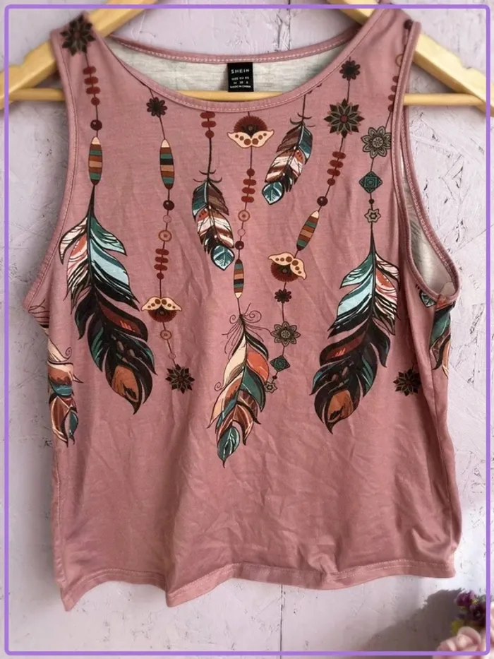 Débardeur Shein Rose Imprimé Plumes - photo numéro 2