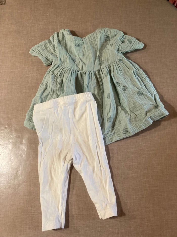 Robe + legging bébé 6 mois – gaze de coton verte et coton blanc - photo numéro 7