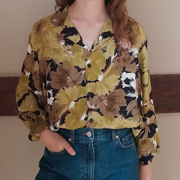 Chemise fleuri vert amande blanc marron