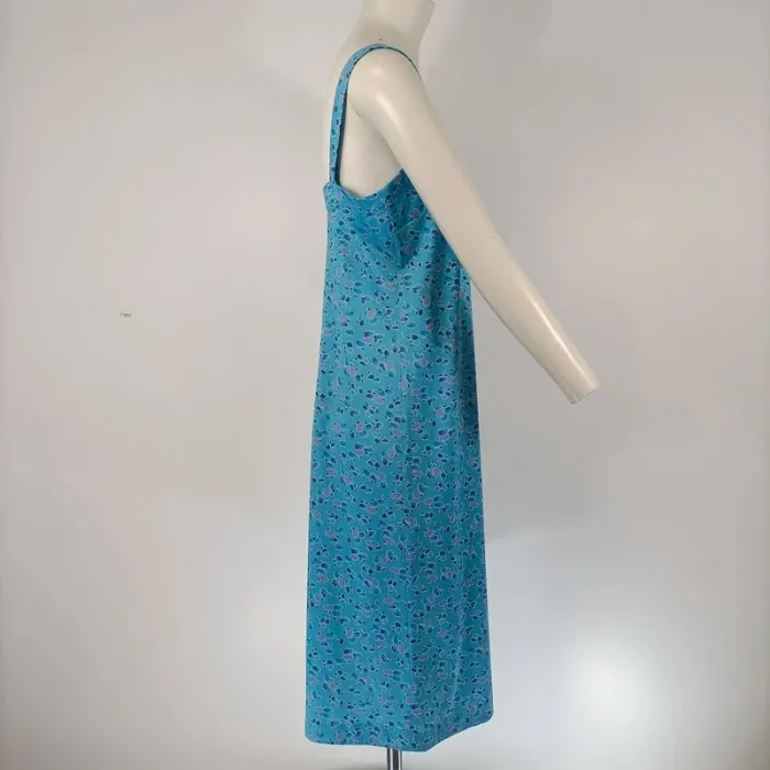 Robe midi bleu turquoise à bretelles larges fleuries – coupe droite estivale fluide taille 40 A107 - photo numéro 7