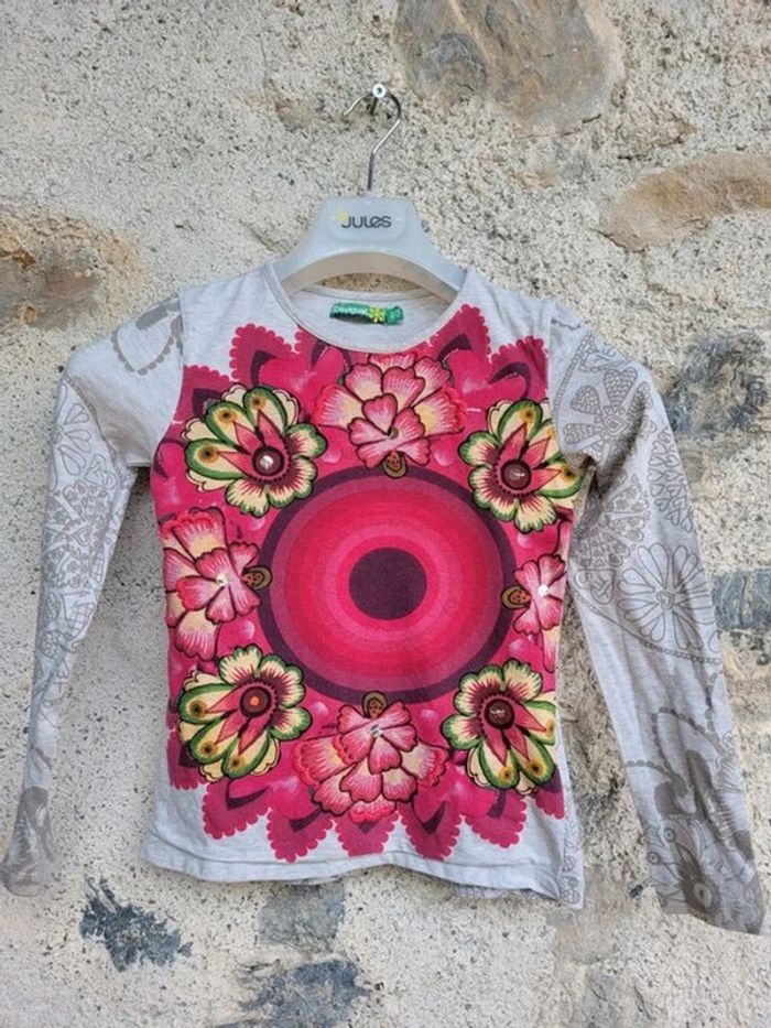 Joli tee-shirt manches longues Desigual, crème et tons roses, 7/8 ans