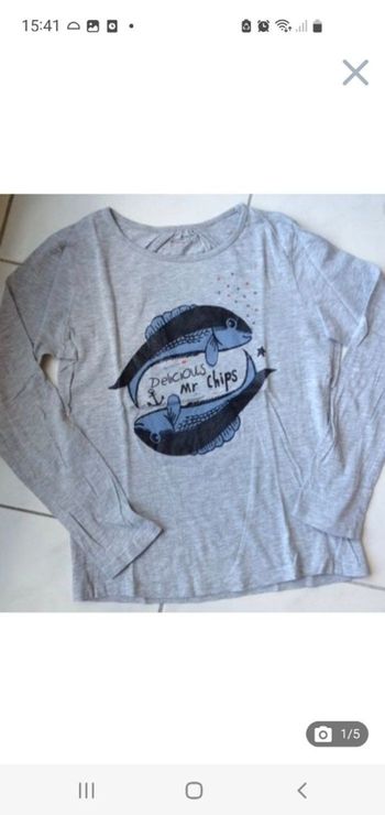 Tee-shirt ML gris chiné imprimé poissons 11/12 ans