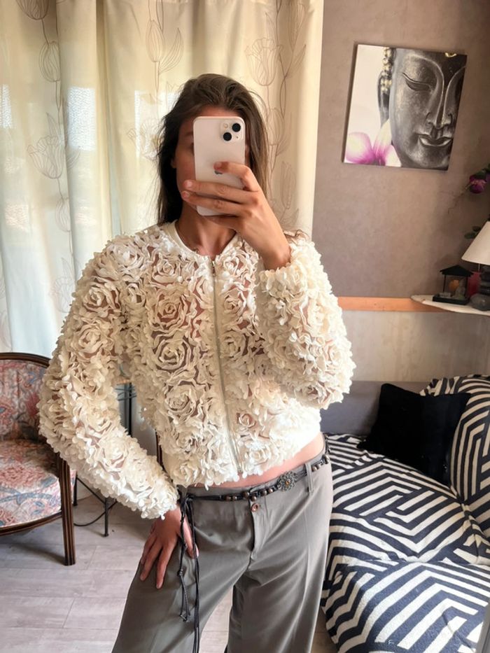 Veste bomber bombardier fleurie à froufrous zip drip vintage y2k 2000yer - photo numéro 3