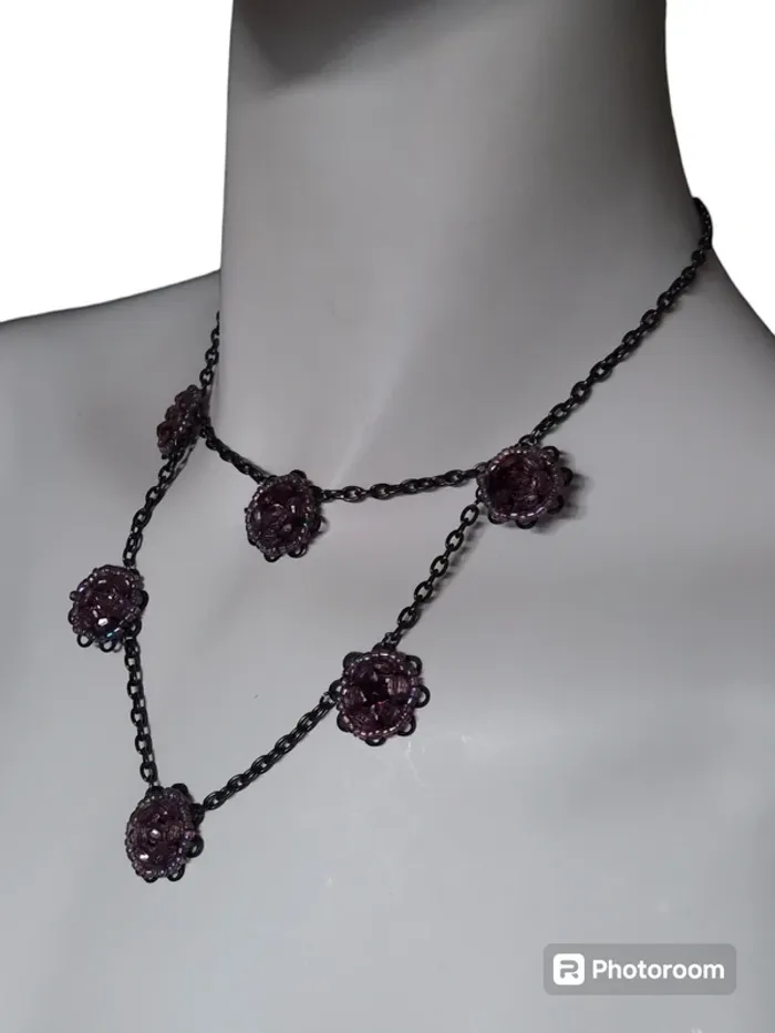 Collier necklace fantaisie chic perle rose ancien retro fleurs flower