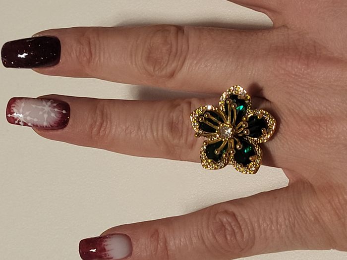 Bague acier inoxydable doré, fleur zircon vert - photo numéro 3
