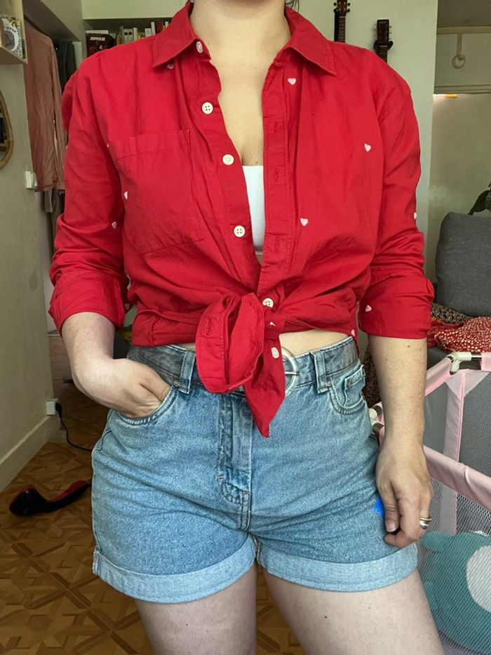 Chemise rouge cœurs roses en coton taille S - photo numéro 2