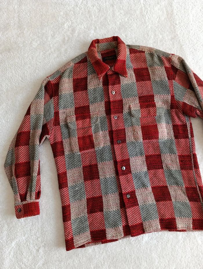 Veste chemise Equipment M à carreaux rouge bordeaux beige laine coto made un France - photo numéro 4