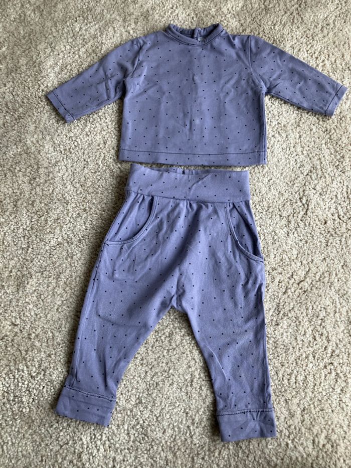 Ensemble assorti violet à pois (tee-shirt et pantalon) fait main - 6 mois
