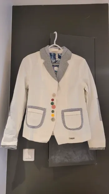 Blazer veste tailleur crème col gris 59% coton