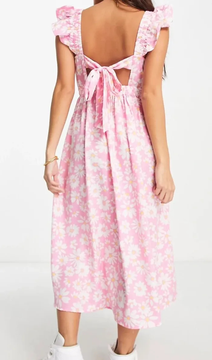 influence petite- robe mi longue à fleurs, volants et lanières rose - photo numéro 5