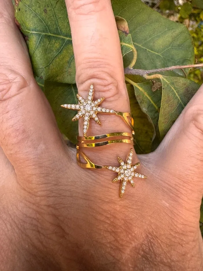 Grande acier inoxydable or étoile soleil zircons acier inoxydable or réglable - photo numéro 2