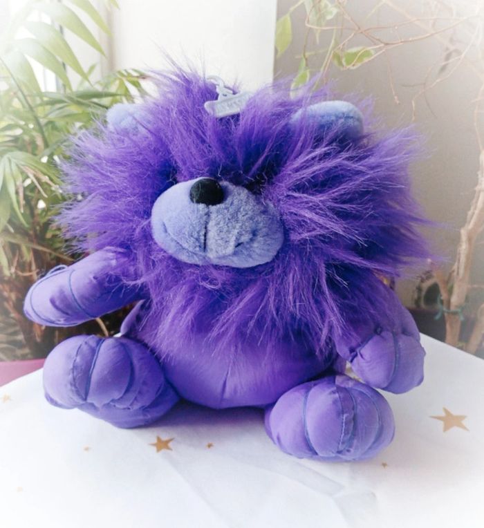 Peluche plush lion teddy parachute puffalump mytoy toy sylvertoys violet mauve purple vintage