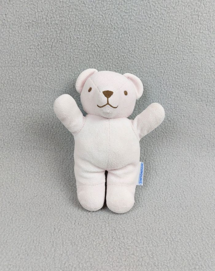 Ancien Doudou peluche ours hochet NOUNOURS rose pâle grelot 19 cm vintage
