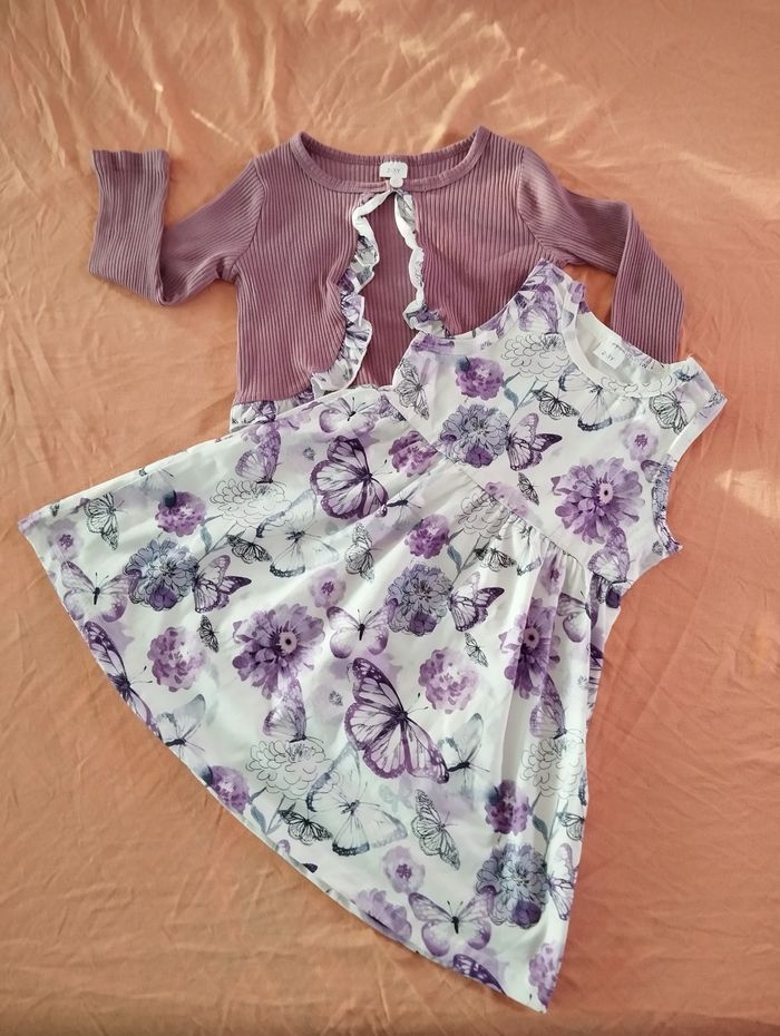 * Ensemble robe+gilet habillé violet papillons T2-3A