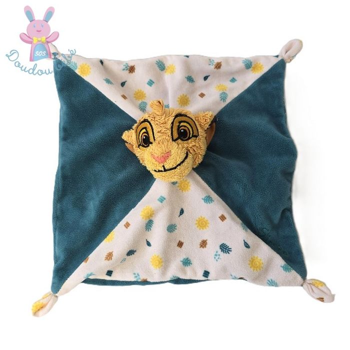 Doudou plat Lion Simba vert blanc feuille soleil Disney