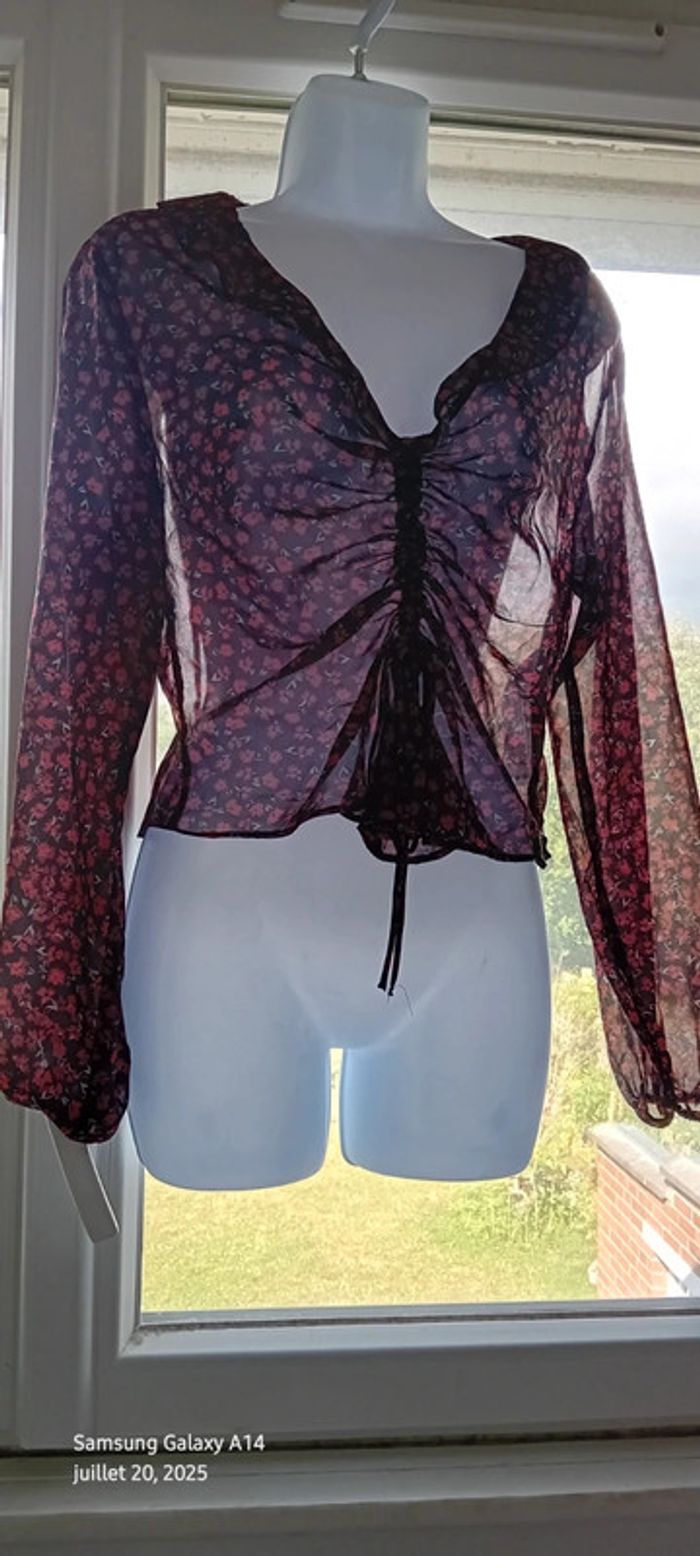 Blouse en voile col en V imprimé fleurs noir et rouge femme M bershka - photo numéro 8