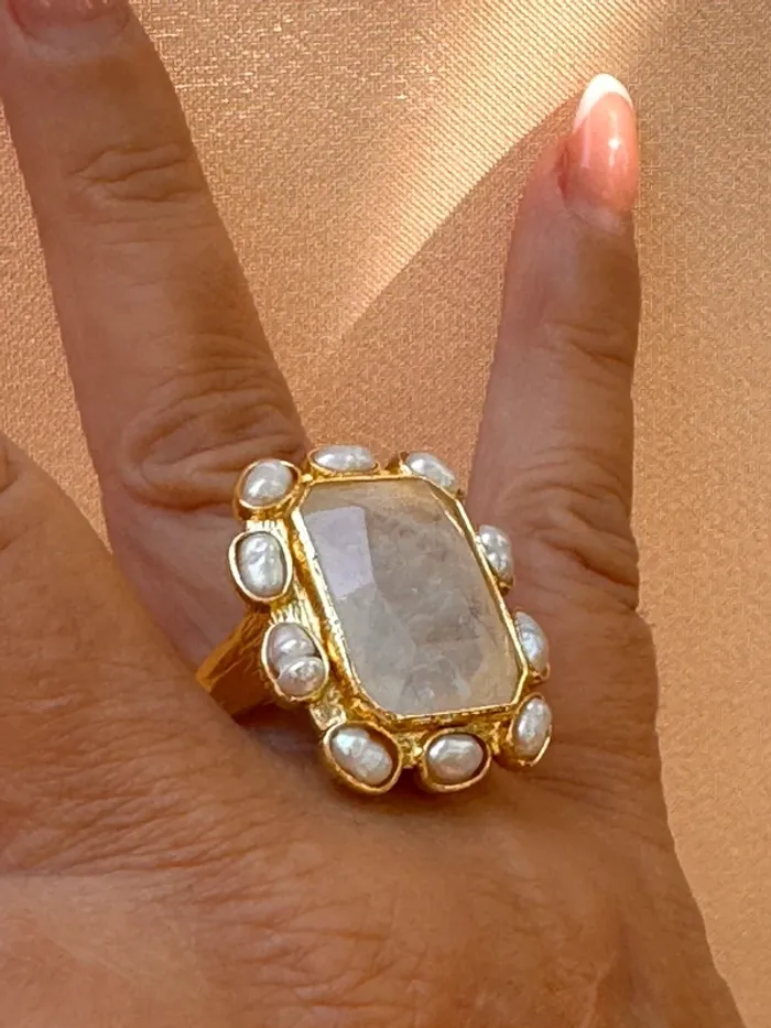 Grosse bague habaha Paris cristal de roche pierres eaux douces  acier inoxydable or réglable - photo numéro 3