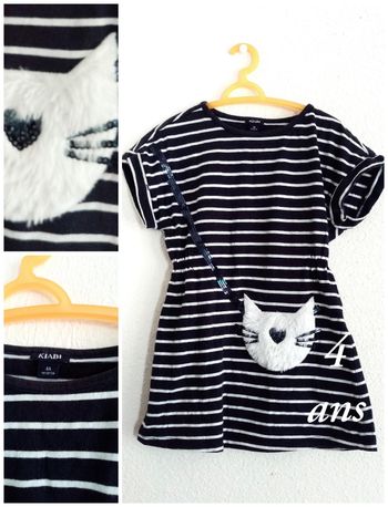 4 ans kiabi robe bleu a rayures blanches "sac petit chat" toutes saisons /Excellent état
