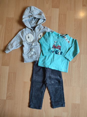 Lot ensemble pantalon + t-shirt manches longues + sweat zippé à capuche en 6M