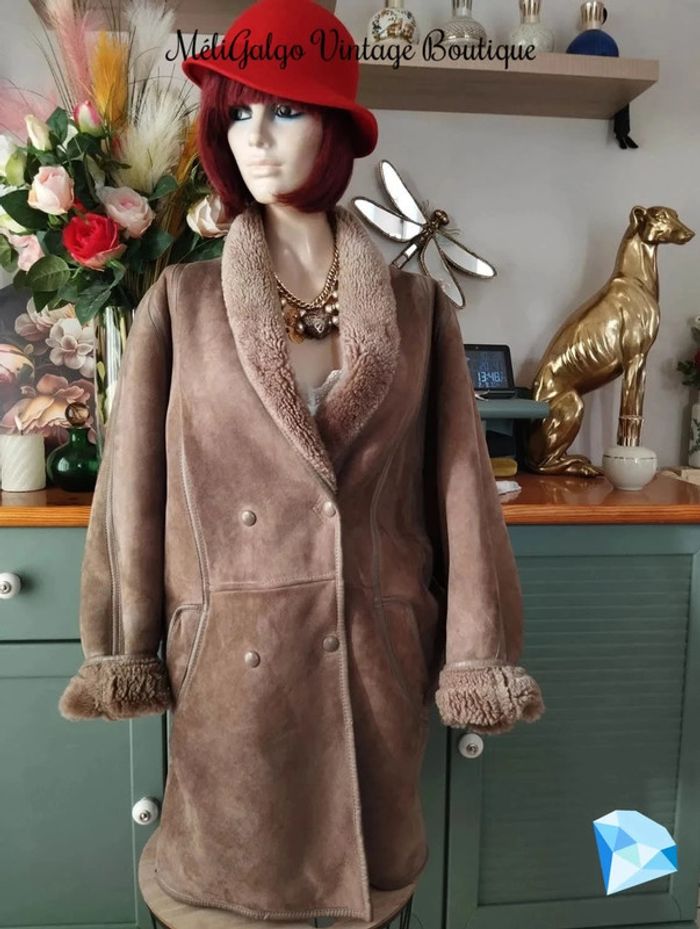 🌹 Manteau Cuir/Daim Velours Beige Clair Doublé Sherpa Vintage T40/42🌹