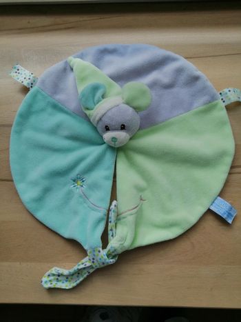 Doudou plat souris rond vert et blanc *Smile*