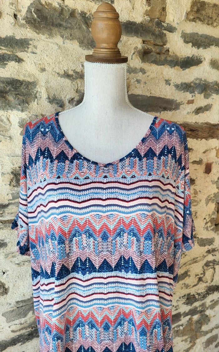 T-shirt blouse manches courtes à motifs bleu blanc corail Blancheporte Taille 54/56 - photo numéro 2
