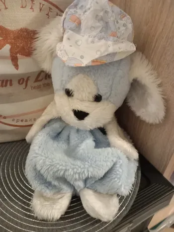 Peluche Range pyjama bleu et blanc avec son bonnet 50cm vintage marque Gede France
