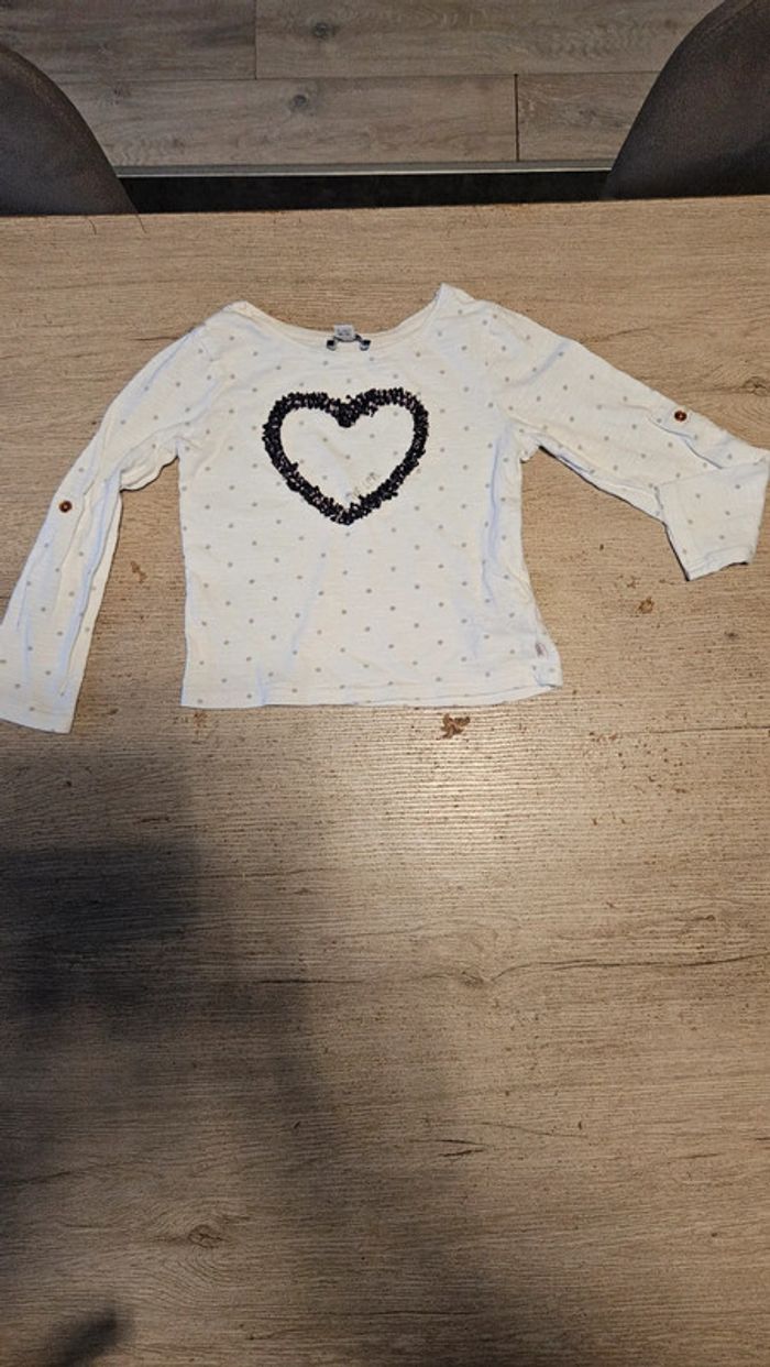 T shirt blanc à manches longues, avec 1 coeur, Okaïdi, 4 ans, nickel - photo numéro 2