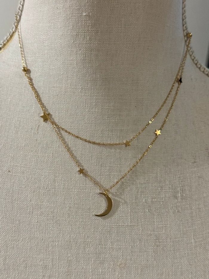 Collier 2 rangs réglable lune étoile acier inoxydable or neuf