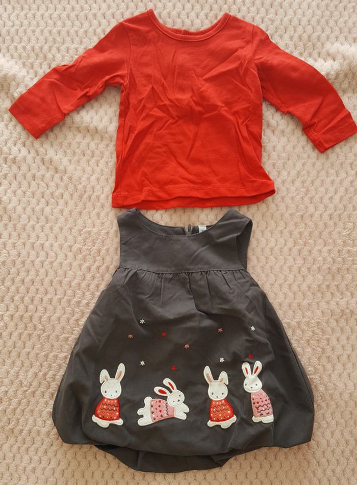 Robe grise lapins / tee shirt rouge 3 mois - photo numéro 2