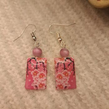 Boucles d'oreilles pendante rectangulaire rose florale