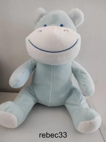Doudou peluche nounours Hippopotame Bleu Blanc Tom et Kiddy