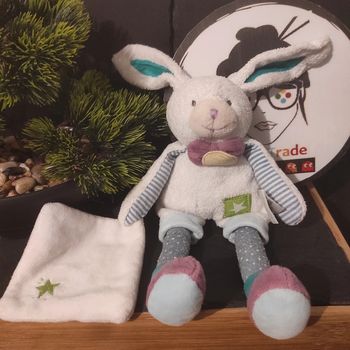 Doudou et compagnie lapin dc3115 les ptitous pantin mouchoir blanc violet rayure bleu étoile vert