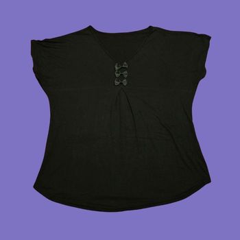 Tee-shirt Noir Fluide Décolleté V Manches Courtes Nœuds Décoratifs Sans Marque Bon État