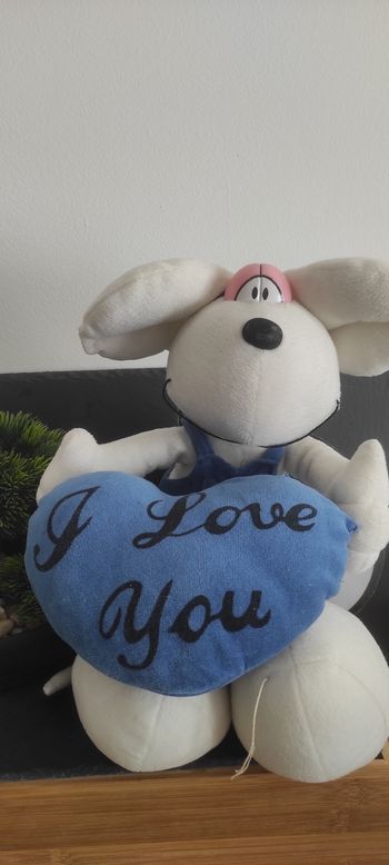 grosse peluche diddl ancien vintage coeur i love you bleu blanc souris