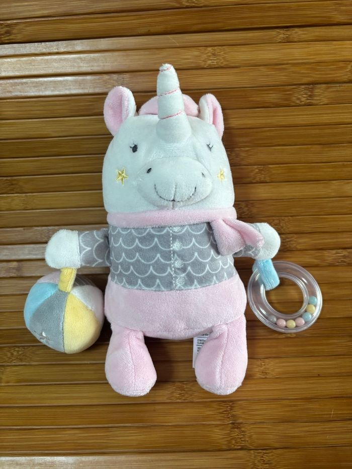 Doudou éveil licorne rose blanc anneau balle mots d enfants