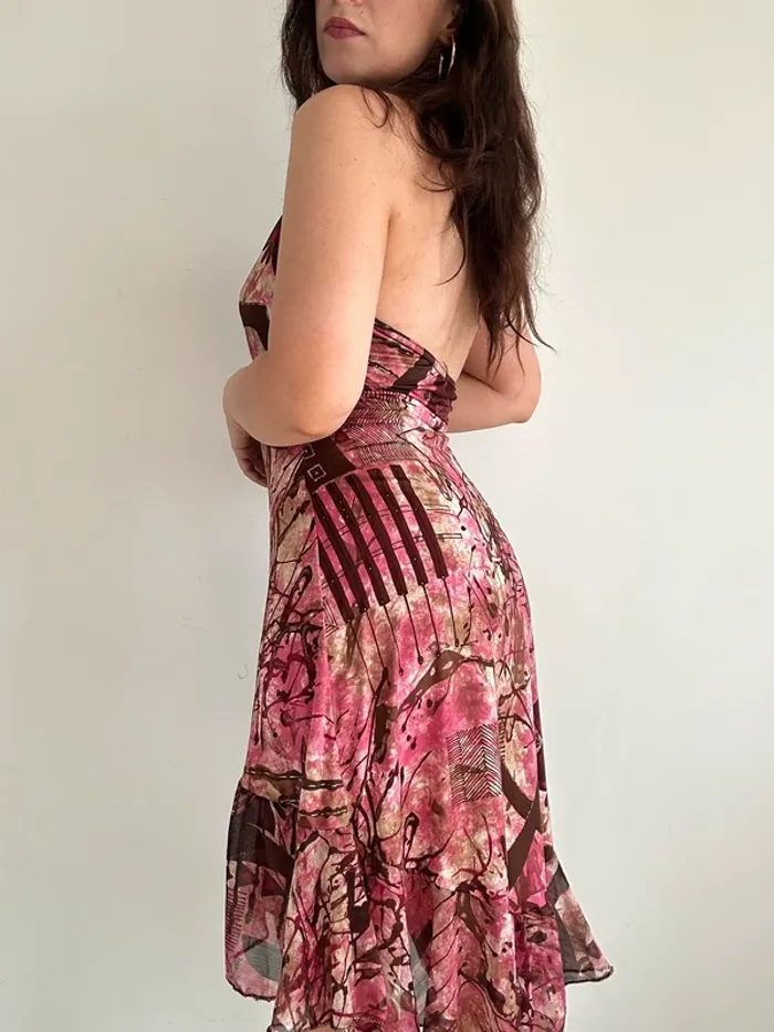 Robe dos nu y2k rose à motifs et volants taille M - photo numéro 4