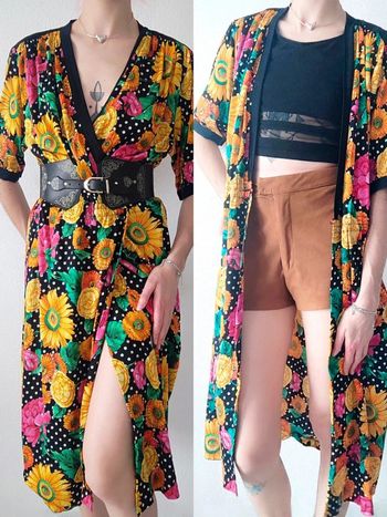 Robe longue portefeuille fleur multicolore noir Rétro / Botto Boutique - 36/S oversize à 46/XXXL
