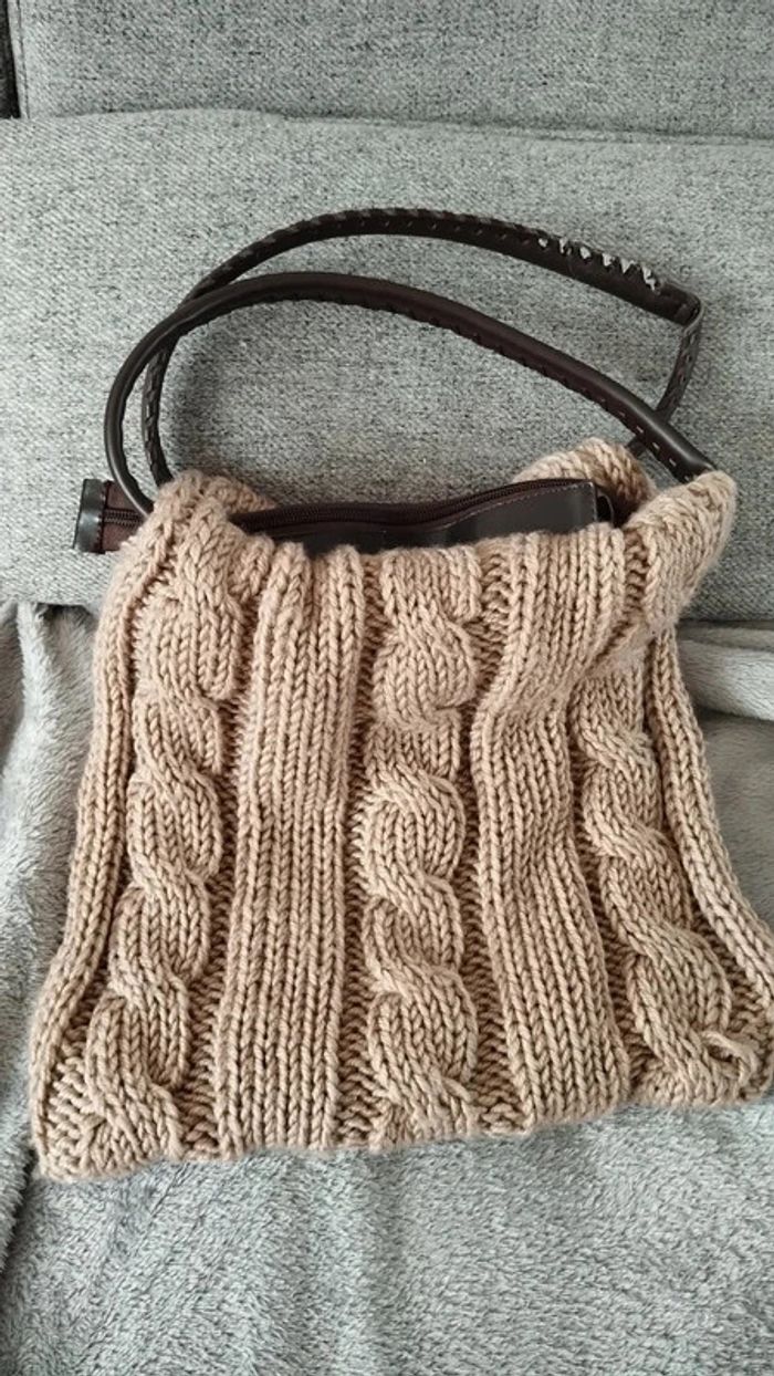 Sac a main style tricoté beige marron 29x29 cm - photo numéro 2