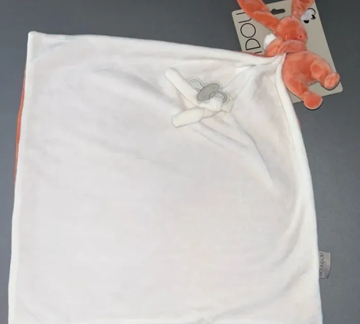 Doudou plat Couverture Lapin Lapidou Corail Orange Blanc Doukidou Neuf - photo numéro 3